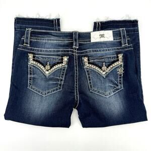 Miss Me Capri Jeans Womens 29 Dark Wash Embellished Raw Edge Hem Distressed